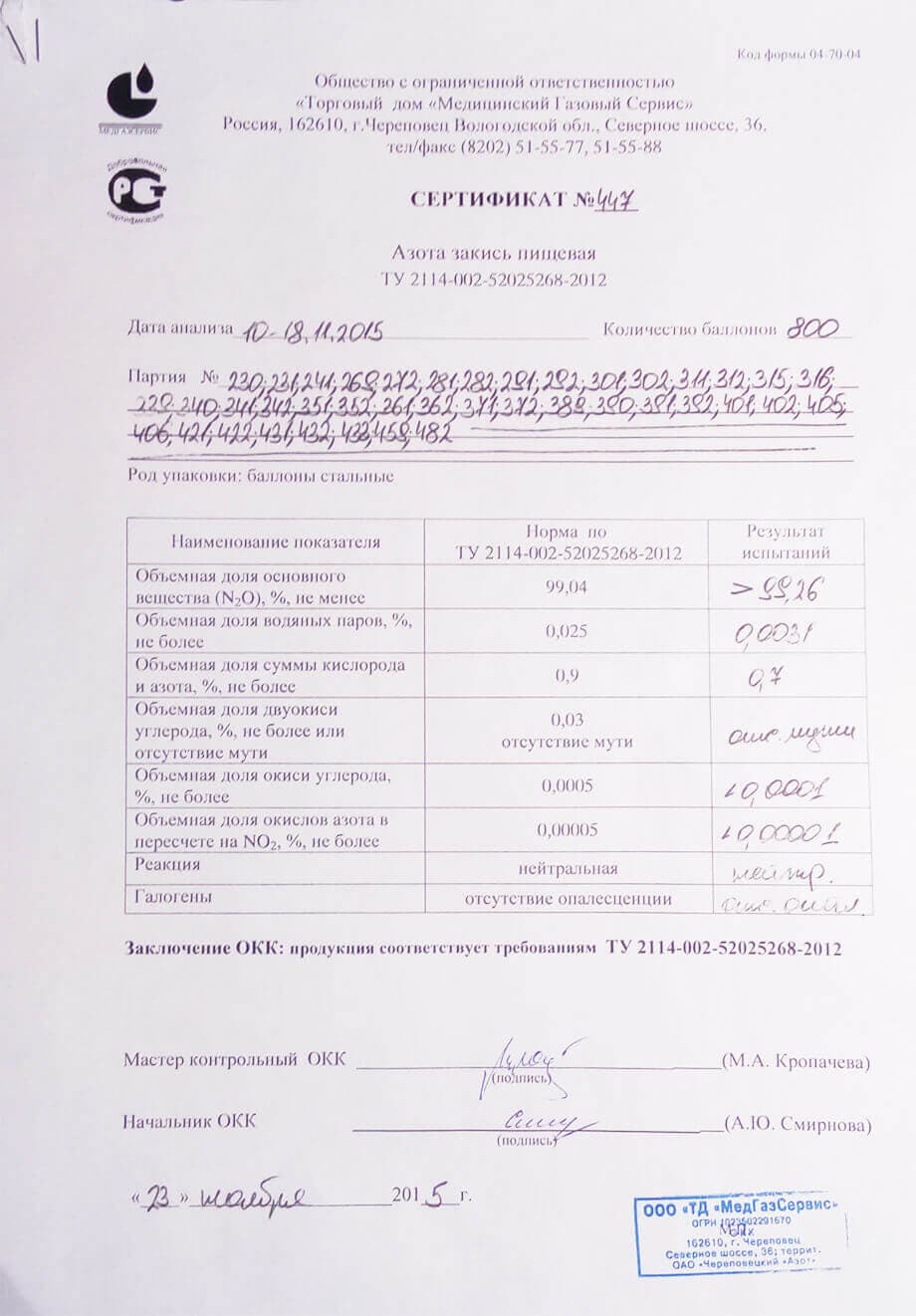 Сертификат качества партии пищевой закиси азота по ТУ 2114-002-52025268-2012